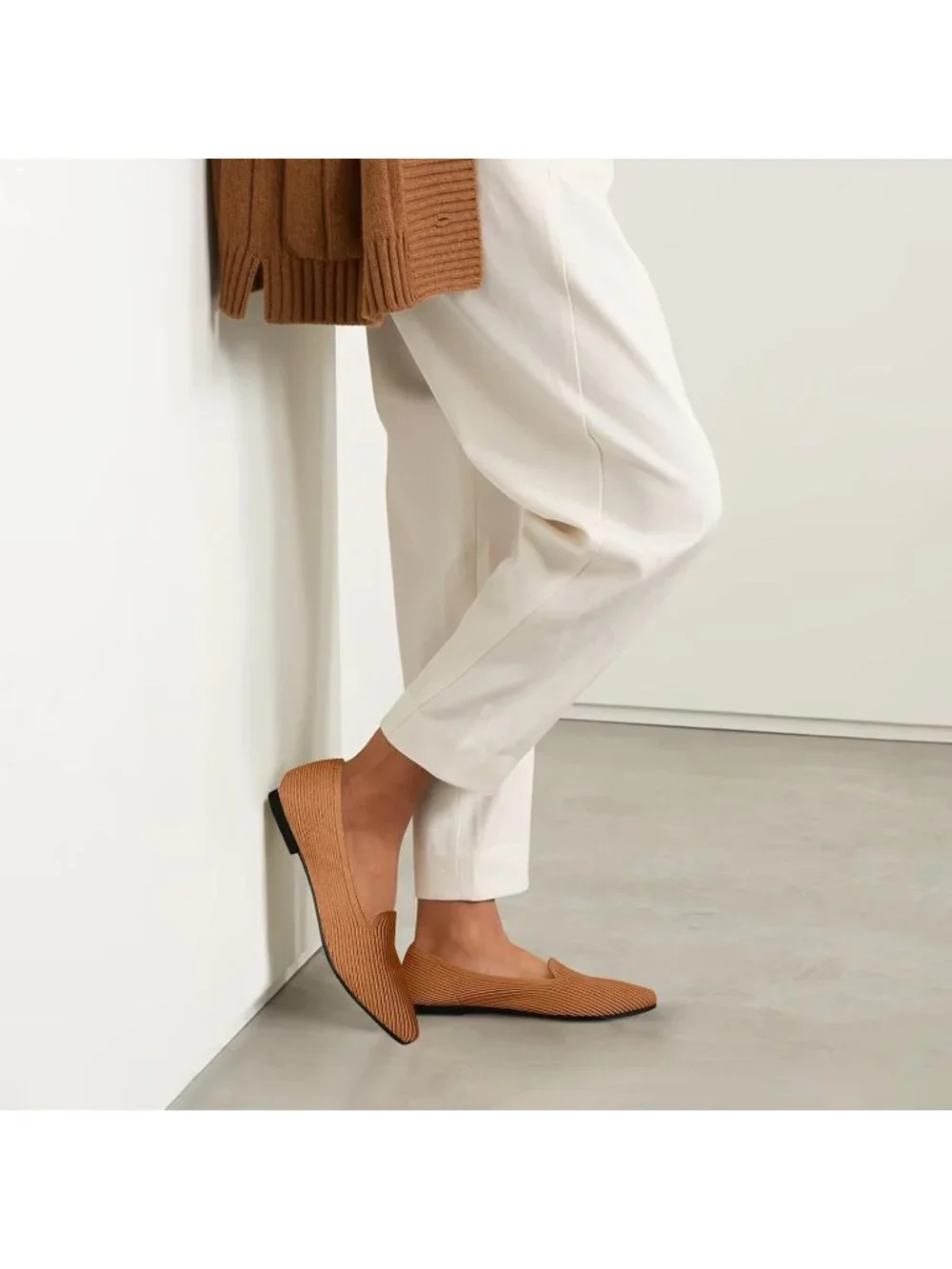 Women's Brown Pointed Toe Knit Ballet Flats Washable Important Work Shoes
